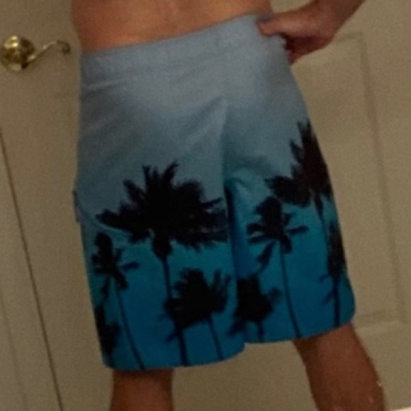 Board Shorts Men’s Swim Trunks Blue Tropical Palm Trees - size Large 36” waist L - Picture 4 of 9